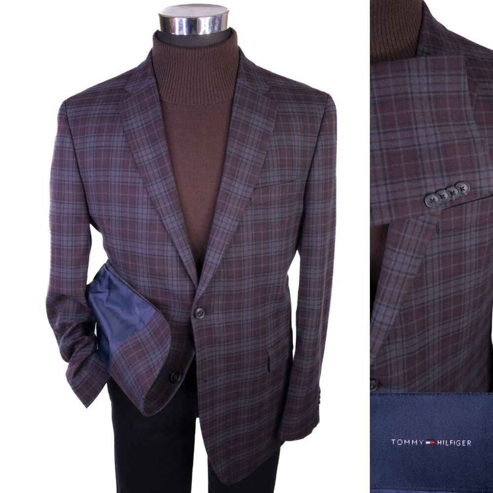 Tommy Hilfiger Blazer Mens 42R Gray/Purple Plaid Check Poly Blend Sport Coat